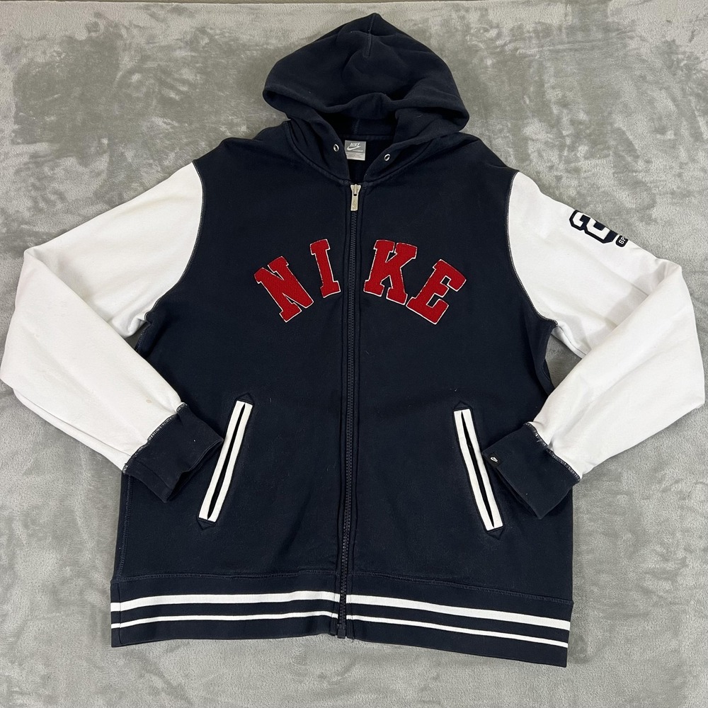 Yintage Y2K Nike Hoodie Mens XL Navy White Full Zip Varsity 24  Fleece Jacket